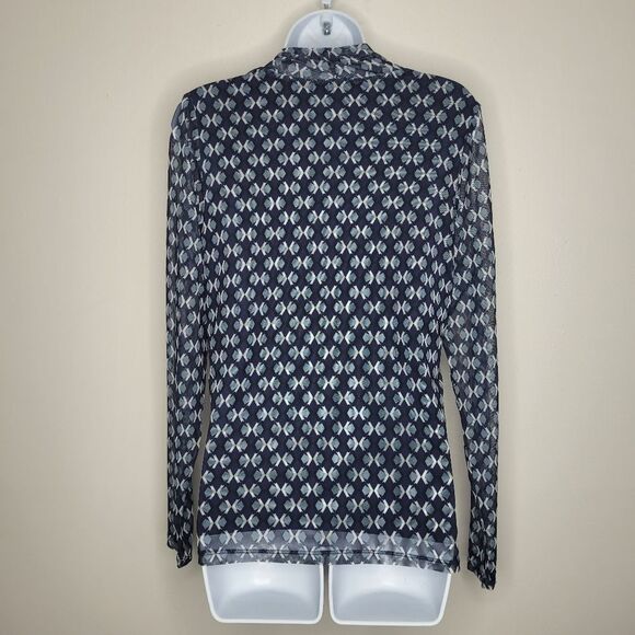 Rafella blue geometric print semi sheer sleeves mock neck career long sleeve M - Picture 2 of 7